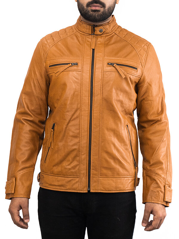 Mens Tan Brown Biker Quilted Leather Jacket
