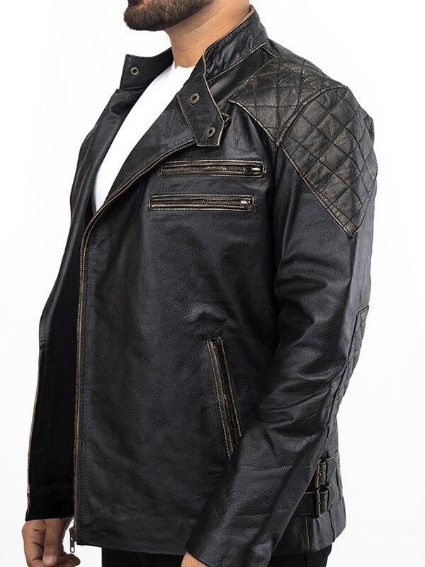 Mens Vintage Quilted Biker Leather Jacket