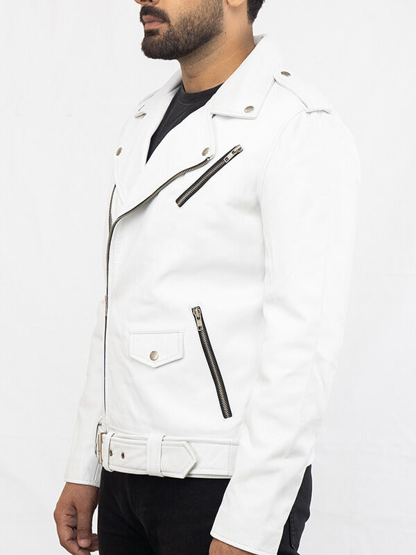 Mens White Biker Lambskin Jeather Jacket