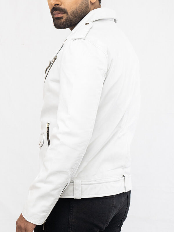 Mens White Biker Lambskin Jeather Jacket