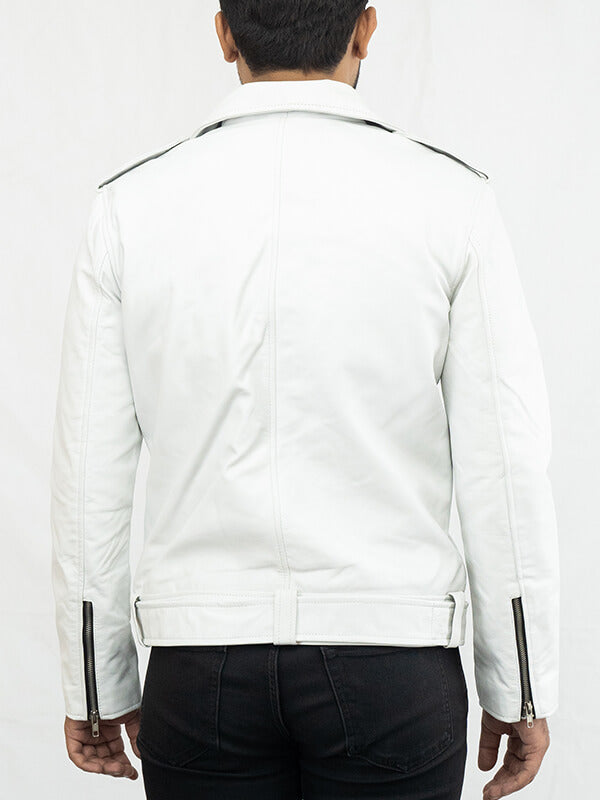 Mens White Biker Lambskin Jeather Jacket
