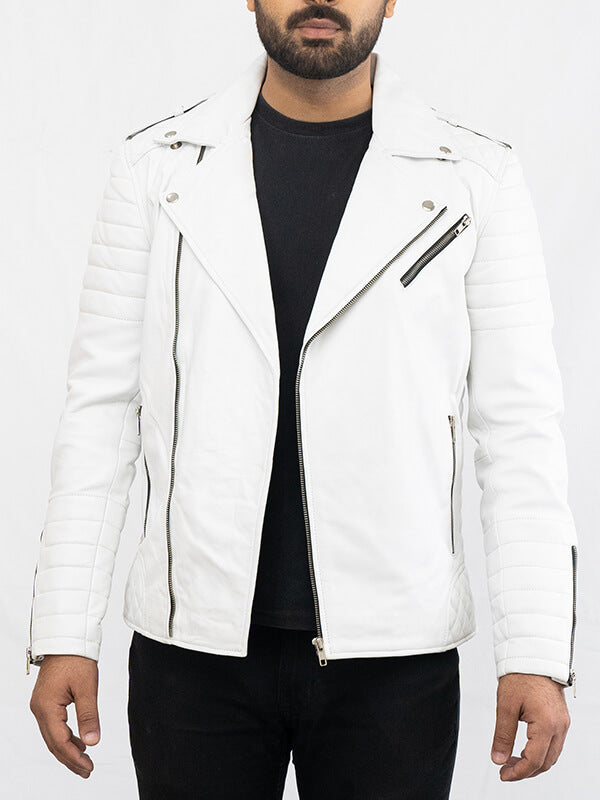 Mens White Quilted Lambskin Leather Jacket