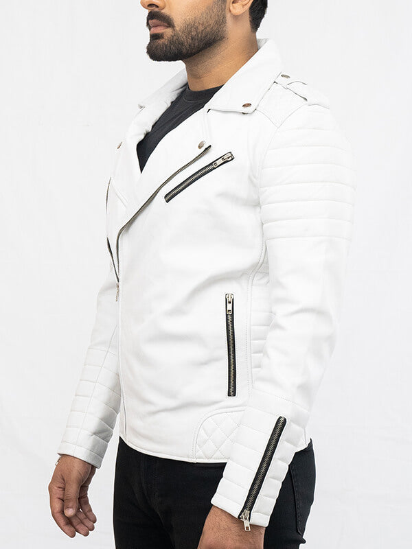 Mens White Quilted Lambskin Leather Jacket