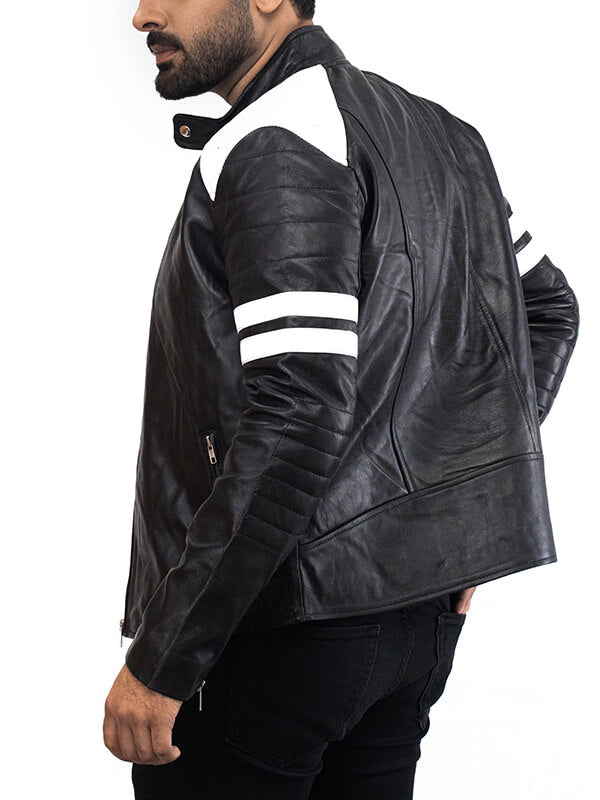 Men's White Stripes Black Biker Leather Jacket