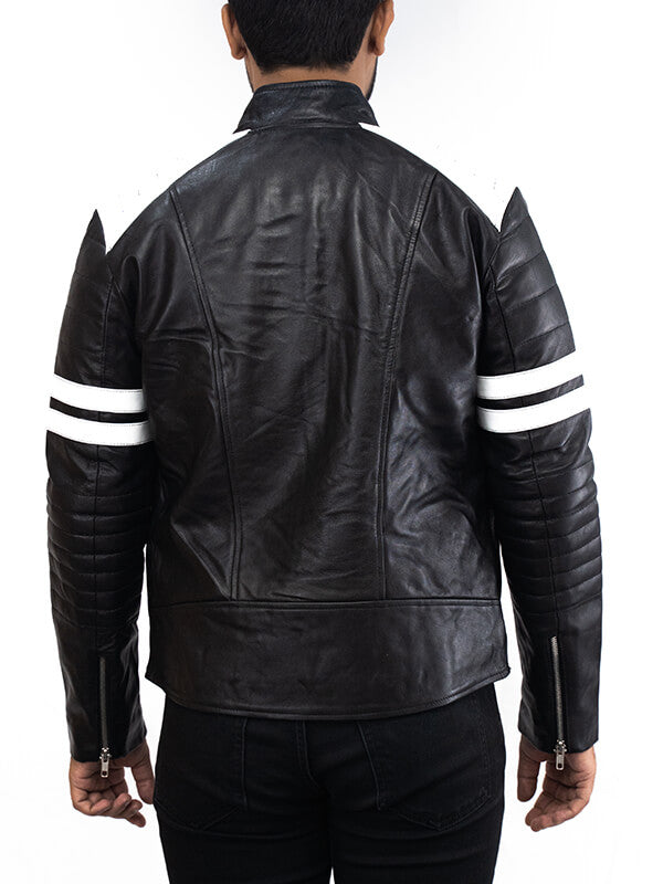 Men's White Stripes Black Biker Leather Jacket