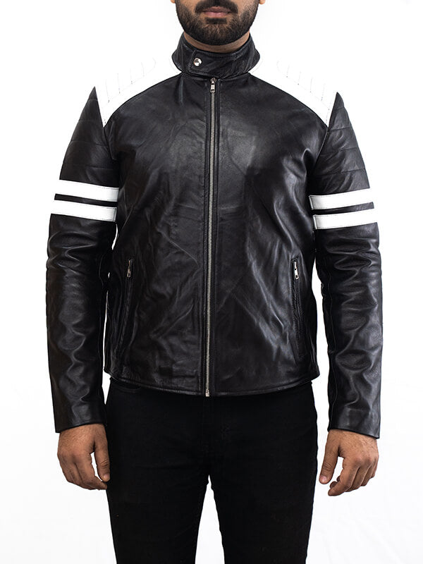 Men's White Stripes Black Biker Leather Jacket