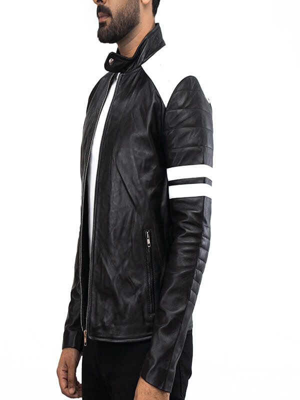 Men's White Stripes Black Biker Leather Jacket