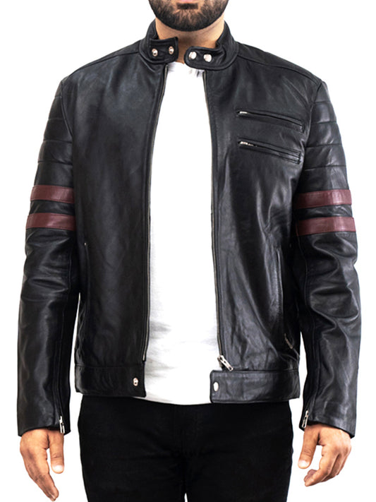 Mens Motorcycle Red Striped Leather Black Jacket
