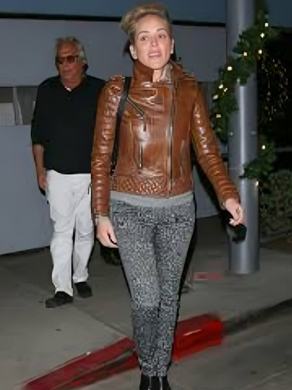  Sharon Stone Brown Leather Jacket