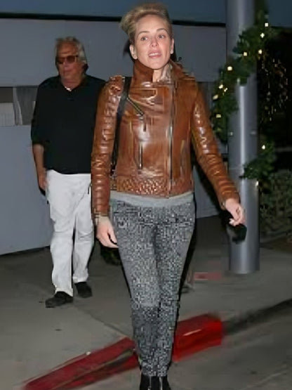  Sharon Stone Brown Leather Jacket