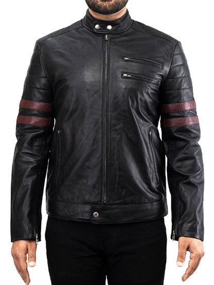 Mens Motorcycle Red Striped Leather Black Jacket