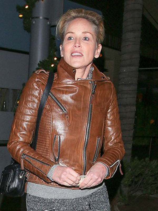  Sharon Stone Brown Leather Jacket
