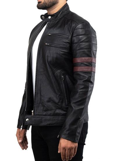 Mens Motorcycle Red Striped Leather Black Jacket