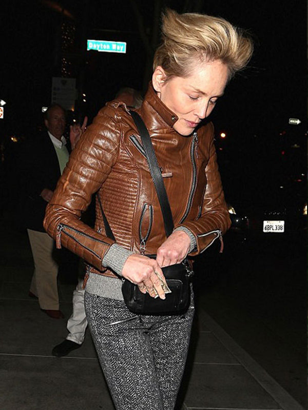  Sharon Stone Brown Leather Jacket
