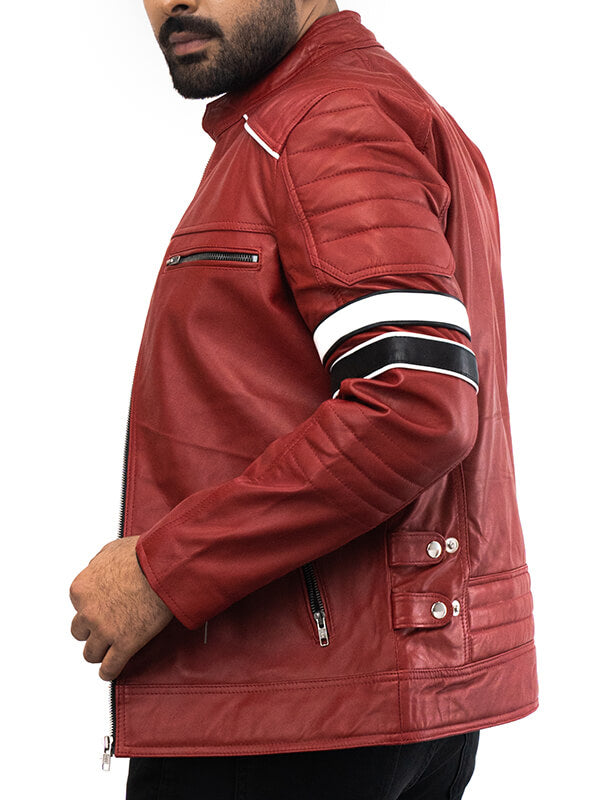 Mens Cafe Racer Red Quilted Leather Jacket 