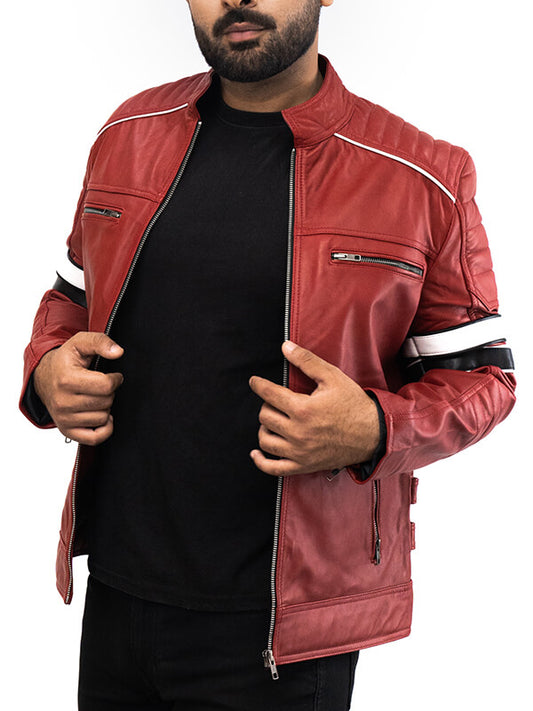 Mens Cafe Racer Red Quilted Leather Jacket 