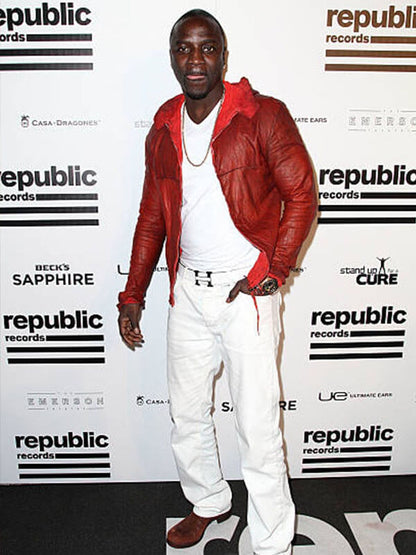 Akon Post Grammy Party 2013 Red Leather Jacket