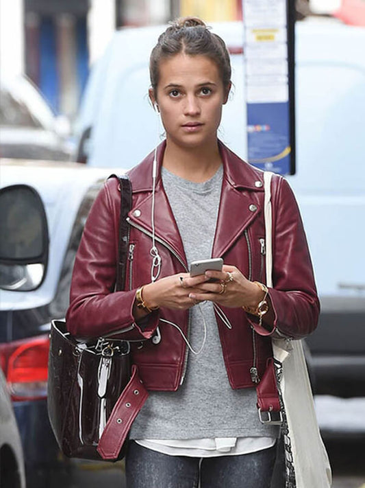 Alicia Vikander Maroon Leather Jacket