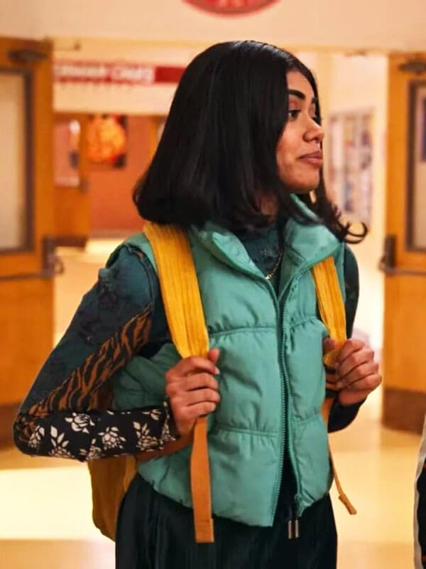 Aneesa Never Have I Ever Season 3 Cyan Puffer Vest