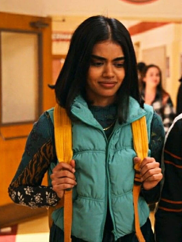 Aneesa Never Have I Ever Season 3 Cyan Puffer Vest