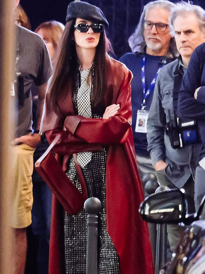 Anne Hathaway Devil Wears Prada 2 Red Leather Coat