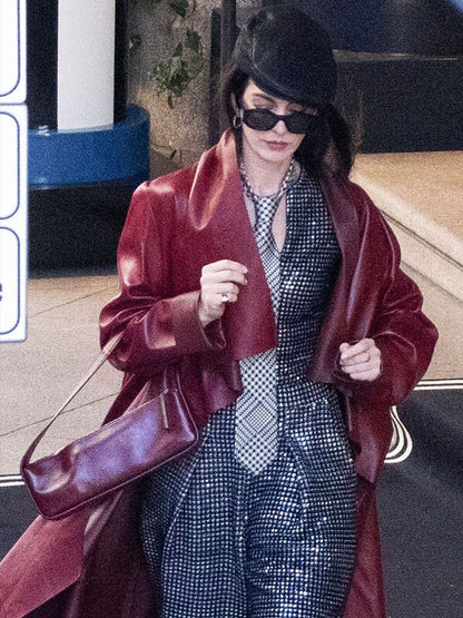 Anne Hathaway Devil Wears Prada 2 Red Leather Coat