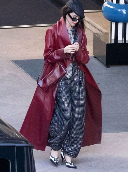 Anne Hathaway Devil Wears Prada 2 Red Leather Coat