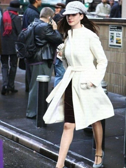 Anne Hathaway The Devi Wears Prada 2006 White Wool Coat