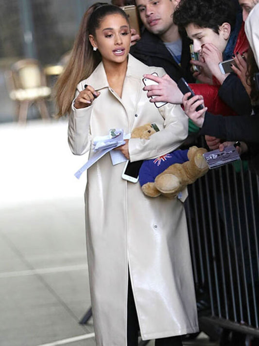 Ariana Grande White Leather Long Coat