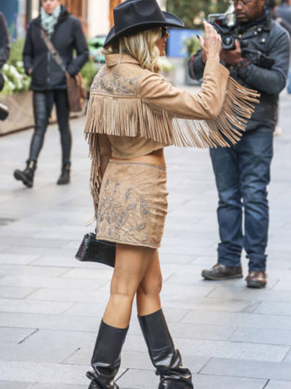 Ashley Roberts Global Radio Studios Brown Fringe Leather Jacket.