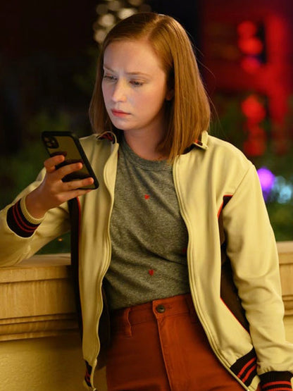 Ava Benton Hacks Season 02 Beige Bomber Jacket