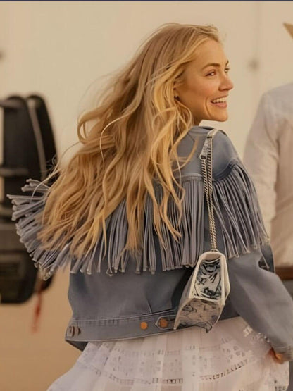 Aynsly Norris Landman 2025  Blue Denim Fringe Jacket