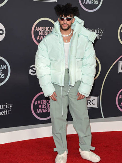 Bad Bunny American Music Awards Cyan Puffer Jacket.