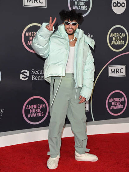 Bad Bunny American Music Awards Cyan Puffer Jacket.