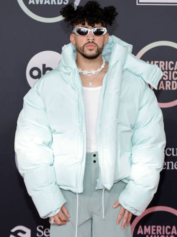 Bad Bunny American Music Awards Cyan Puffer Jacket.