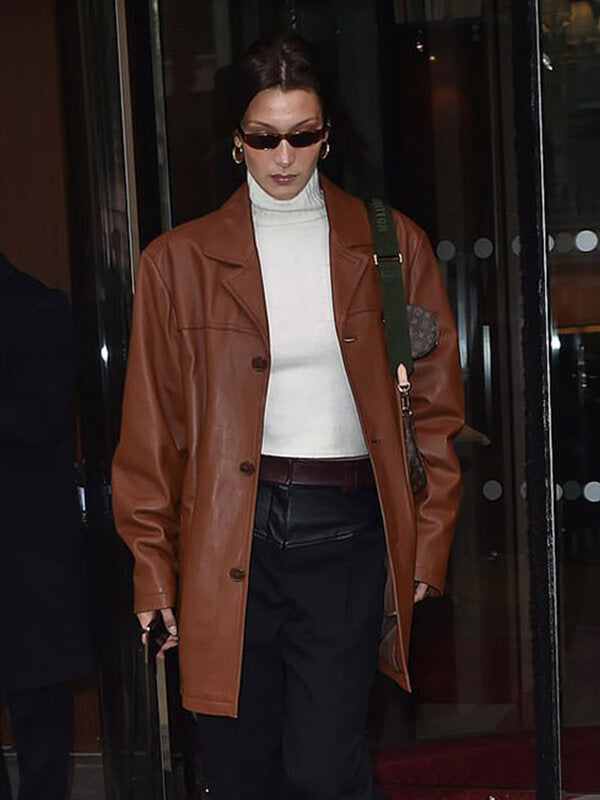 Bella Hadid Brown Leather Trench Coat