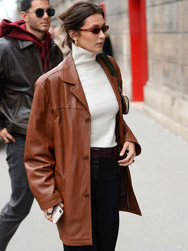Bella Hadid Brown Leather Trench Coat