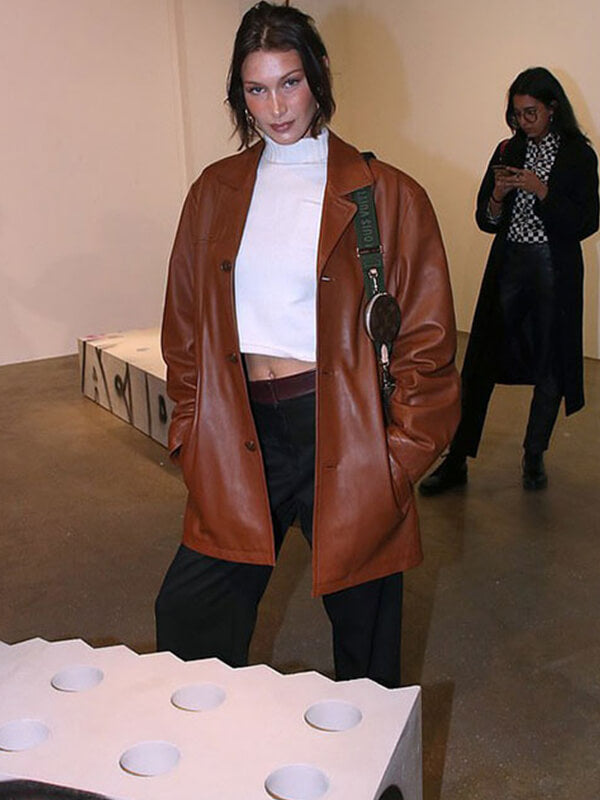 Bella Hadid Brown Leather Trench Coat