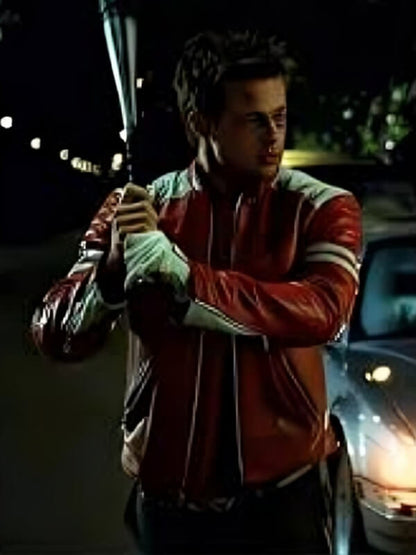 Brad Pitt The Fight Club White Striped Leatheer Jacket