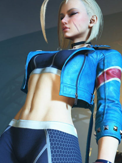 Cammy White Street Fighter 6  blue biker style jacket