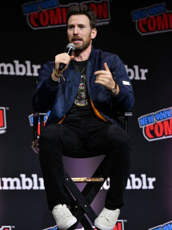Chris Evans Comic Con 2023  Blue Bomber Jacket