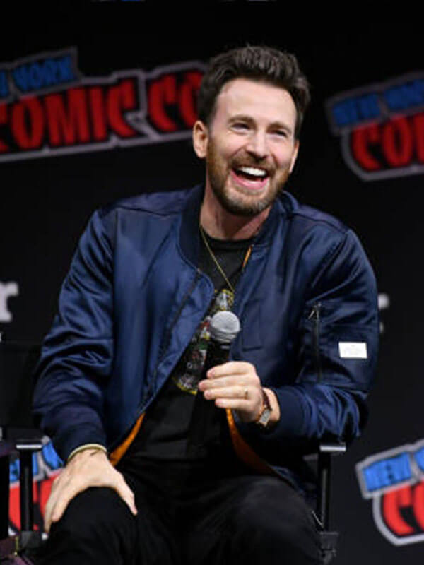 Chris Evans Comic Con 2023  Blue Bomber Jacket
