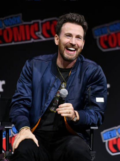 Chris Evans Comic Con 2023  Blue Bomber Jacket