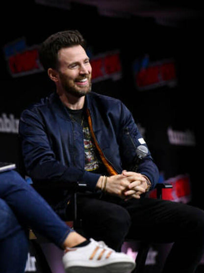 Chris Evans Comic Con 2023  Blue Bomber Jacket