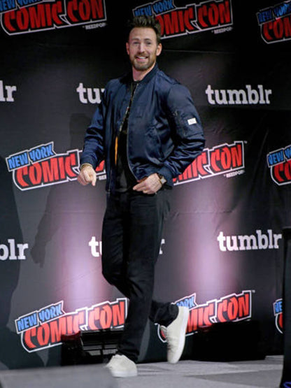 Chris Evans Comic Con 2023  Blue Bomber Jacket