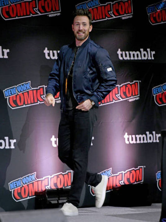 Chris Evans Comic Con 2023  Blue Bomber Jacket
