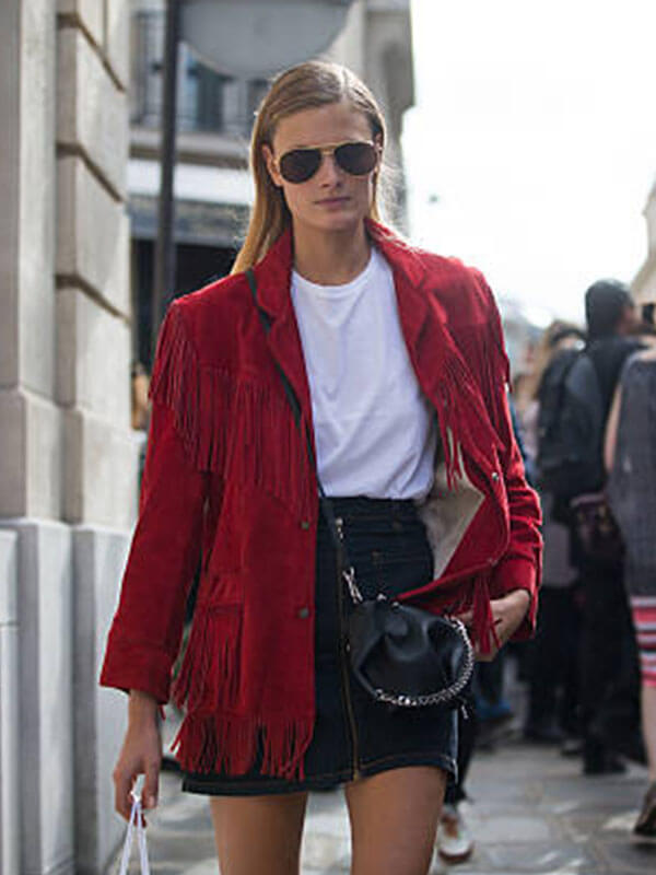 Constance Jablonski Paris Street Style Event Red Fringe Jacket.