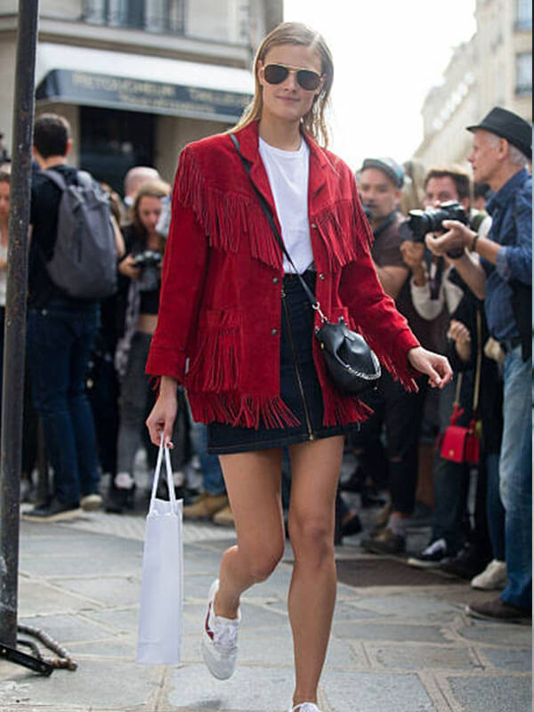 Constance Jablonski Paris Street Style Event Red Fringe Jacket.