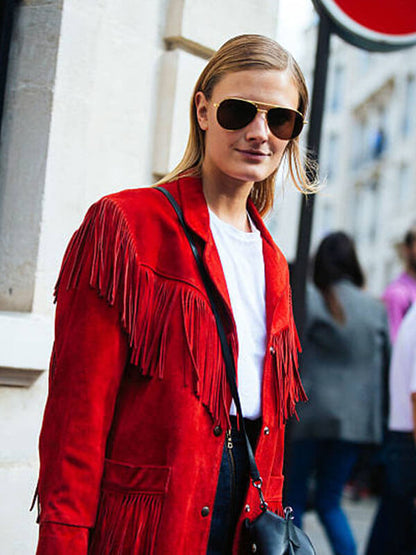 Constance Jablonski Paris Street Style Event Red Fringe Jacket.