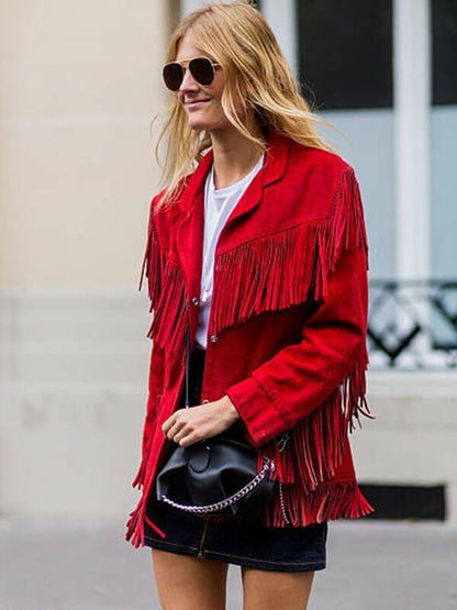Constance Jablonski Paris Street Style Event Red Fringe Jacket.
